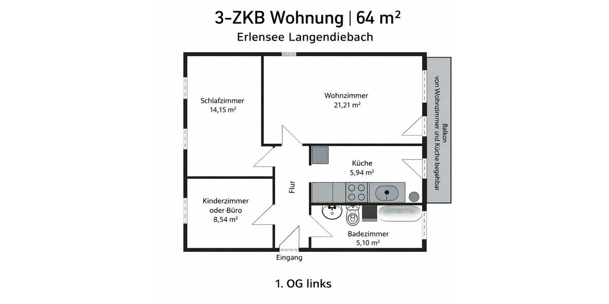 Etagenwohnung Erlensee - 3 Zimmer, 64 m&sup2;, 242.000&euro; | Angebot:26121505
