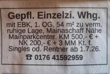 Wohnung Mainaschaff - 1 Zimmer, 54 m&sup2;, 500&euro; | Angebot:26661507