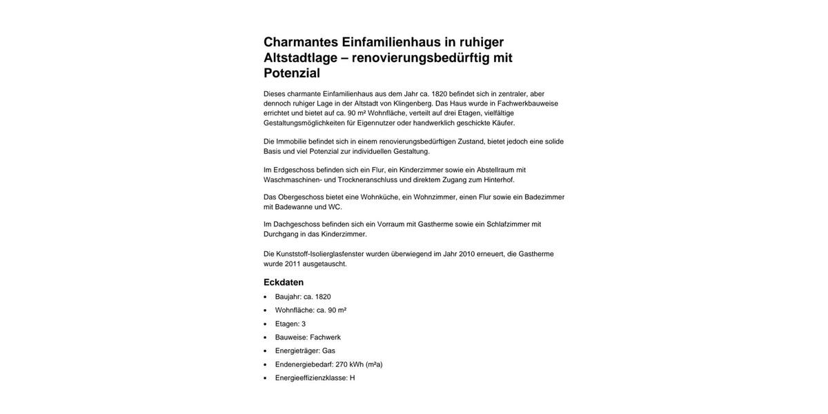 Reihenhaus Klingenberg am Main - 4 Zimmer, 90 m&sup2;, 100.000&euro; | Angebot:25636818
