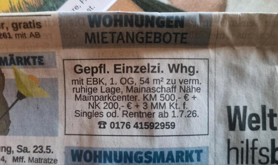 Etagenwohnung Mainaschaff - 1 Zimmer, 54 m&sup2;, 500&euro; | Angebot:26661507