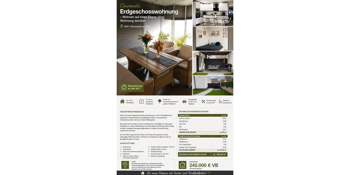 Erdgeschoßwohnung Stockstadt am Main - 2 Zimmer, 65 m&sup2;, 240.000&euro; | Angebot:26991594